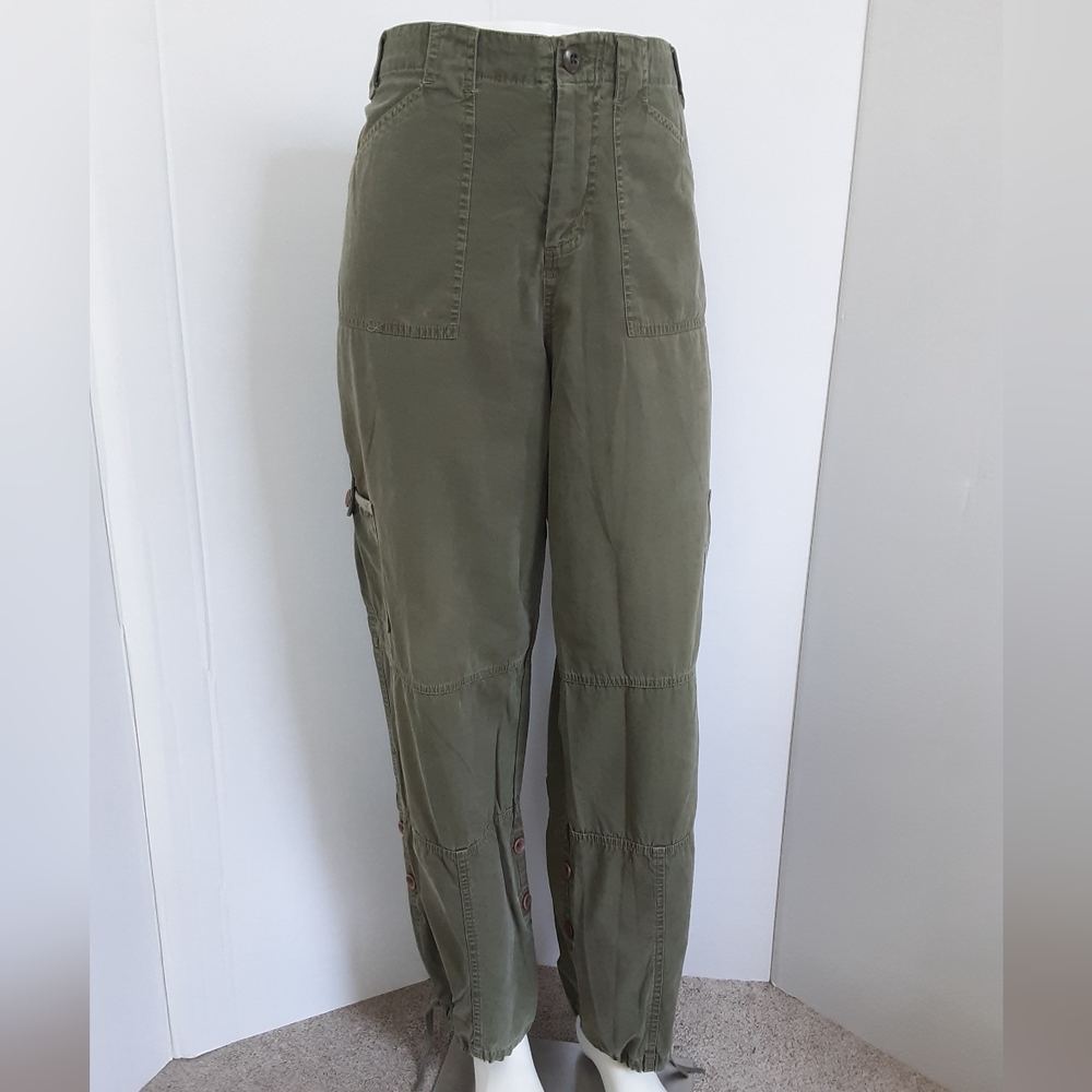 Army Green Baggy 100% Cotton Drawstring Hem | Buttoned Leg Cargo Pants Sz 10 Y2K